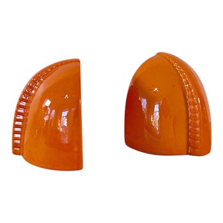 Vintage Mid-Century Modern Studio Pottery Glossy Orange Half Dome Bookends - a Pair For Sale