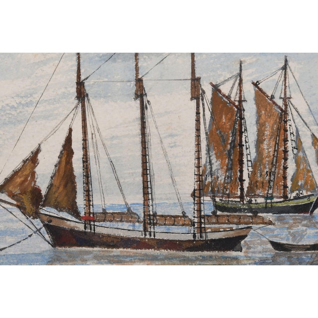 Original watercolor by American artist Carl Christophersen (20th century), titled "Maritime Scene". A serene harbor view...