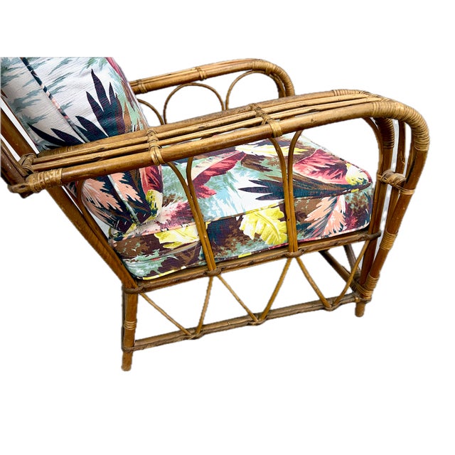 Pair, Mid-Century Modern Attributed to Paul Frankl Rattan Barkcloth Lounge Chairs For Sale - Image 15 of 18