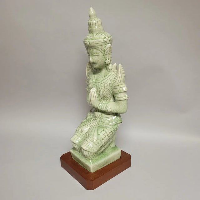 Thai Celadon Theppanom Guardian Figure on Wood Base — 19.5" For Sale - Image 4 of 10