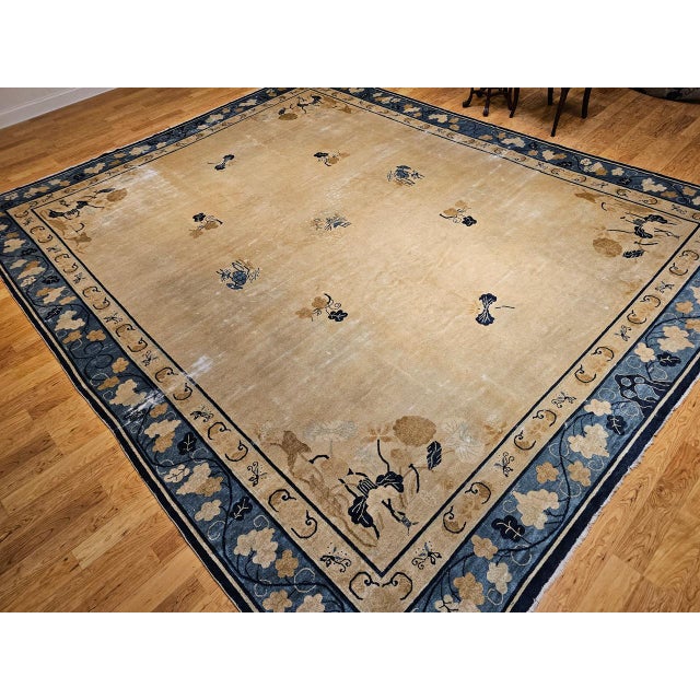 19th Century Antique Chinese Peking Rug, Handwoven Open Pattern, Tan & Blue, 12' X 14' For Sale In Chicago - Image 6 of 17