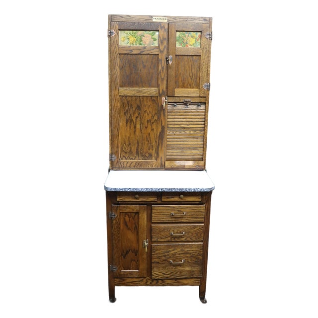 Rare Salesman Sample Style Hoosier Cabinet in Oak With Enamel Work Surface For Sale