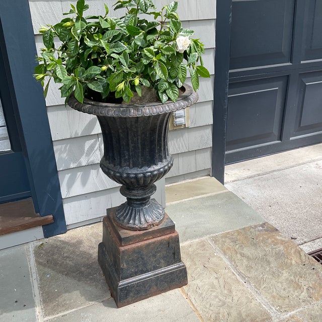 Traditional Vintage Pair Heavy Cast Iron Urns on Pedestals. Believed to Be Early 20th Century. For Sale - Image 3 of 7