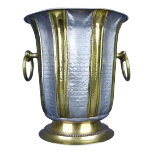 Vintage Hammered Silver Metal and Brass Ice Bucket With Handles