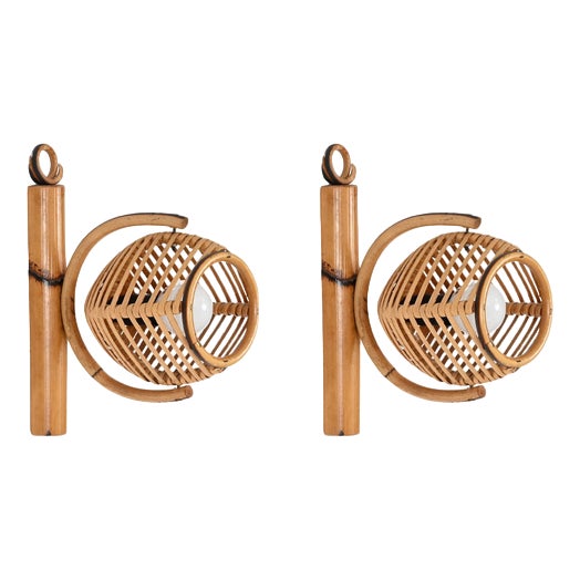 French Riviera Adjustable Sconces in Rattan by Louis Sognot, 1960s, Set of 2 For Sale
