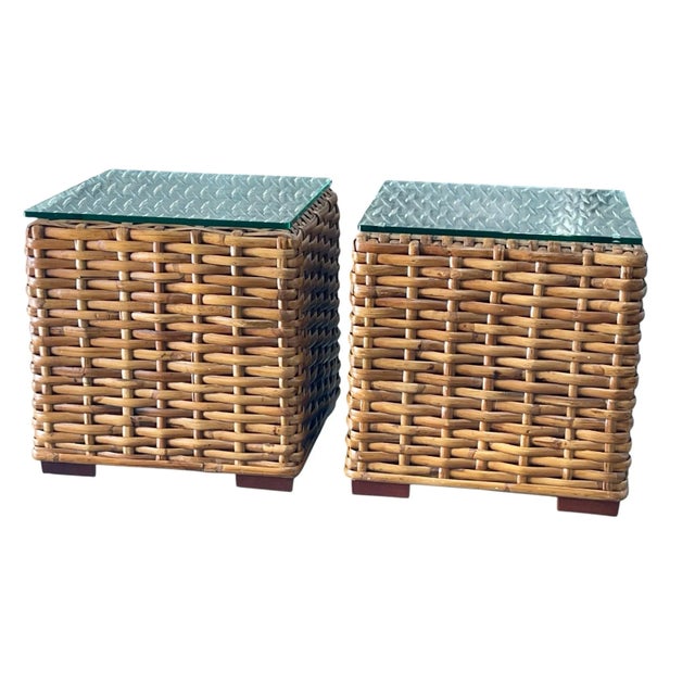 Ralph Lauren Vintage British Colonial Rattan Cube End Tables, Architectural Form | Pair For Sale - Image 4 of 12