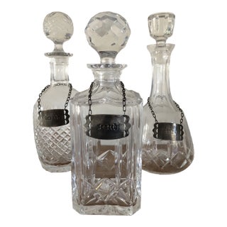 Late 20th Century Crystal Liquor Decanters With Silver -Tone Labels- Set of 3* For Sale