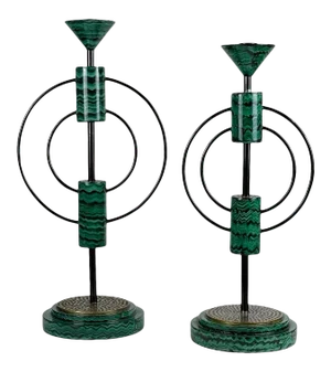 1970s Large Faux Malachite Post Modernist Candle Holders With Brass Trim- a Pair