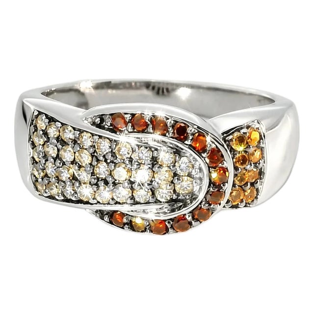 14K White Gold Garnet Champagne Diamond Belt Buckle Band Ring For Sale