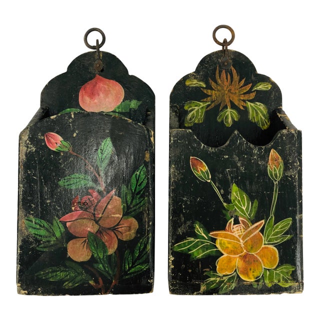 Antique Hand Painted Hanging Boxes - a Pair For Sale