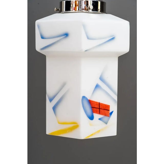 White Art Deco Nickel Plated Pendant with Original Glass Shade, 1920s For Sale - Image 8 of 11