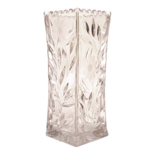 Vintage Cut Crystal Glass Square Vase with Etched Flowers Leaves Scalloped Rim For Sale