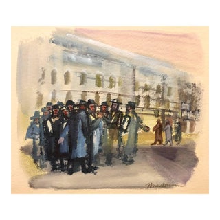 Ervin B. Nussbaum, Modernist American Judaica Painting Jewish Men Outside Synagogue Eastern Parkway For Sale