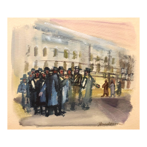 Ervin B. Nussbaum, Modernist American Judaica Painting Jewish Men Outside Synagogue Eastern Parkway