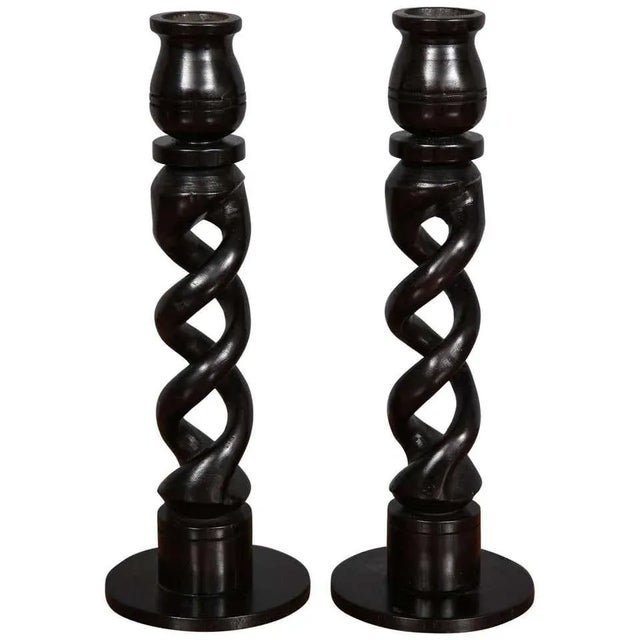 1900 - 1909 Pair of Antique 1900s Ebony Open Barley-Twist Candlesticks For Sale - Image 5 of 5