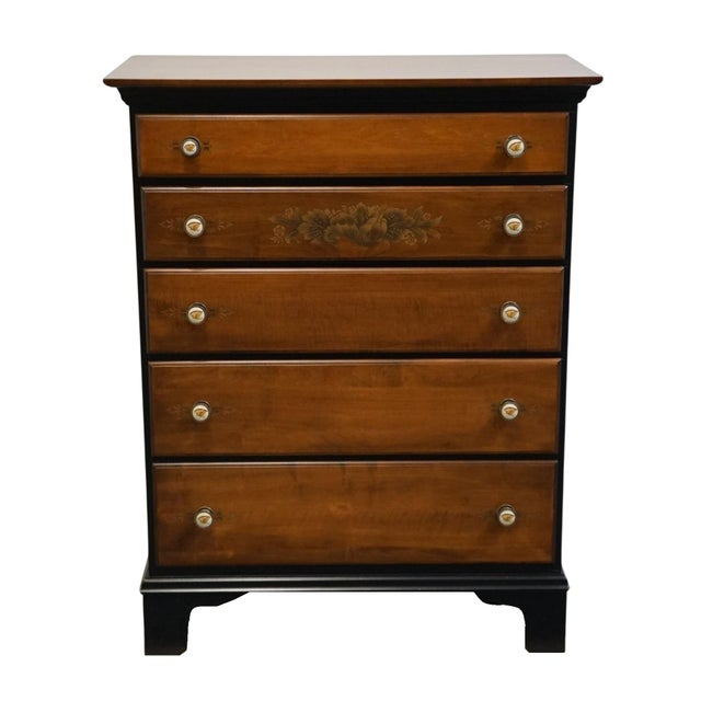 American Late 20th Century Genuine Hitchcock Solid Cherry 35" Two Toned Hand Painted Chest of Drawers For Sale - Image 3 of 15