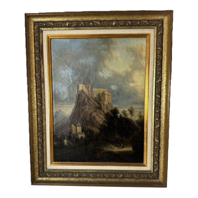 Antique European Landscape Oil Painting – Castle on a Hill, Gilded Frame For Sale