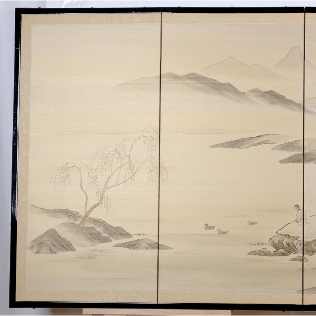 Mid 20th Century Japanese Byobu "A Lunch Gathering in Nature" Signed Chopmarked 4-Panel Silk Screen in Excellent Condition For Sale - Image 4 of 9