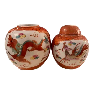 Set of Two Mid 20th Century Chinese Coral, Red, Glazed, Famille Rose Porcelain Jars