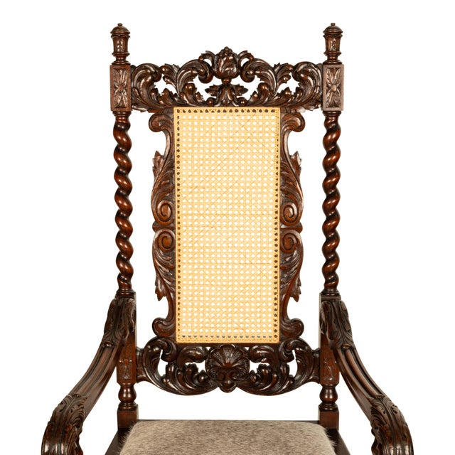 Antique French Louis XIII Carved Walnut Barley Twist Armchair Cane Cowhide 1880 For Sale - Image 10 of 13