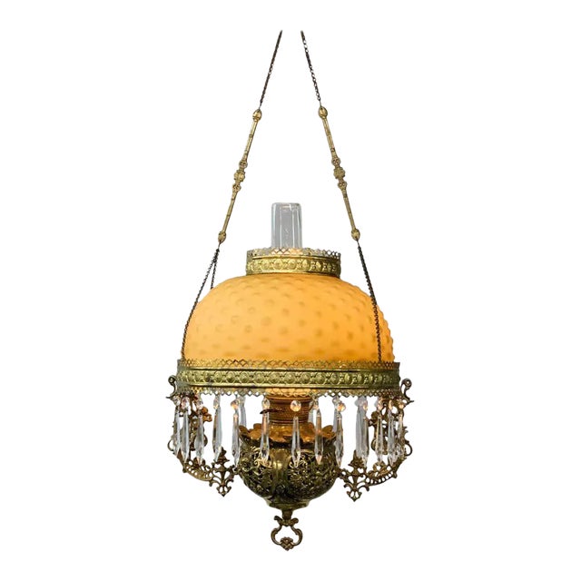 Victorian Brass and Opaline Round Shade Pendant or Chandelier For Sale