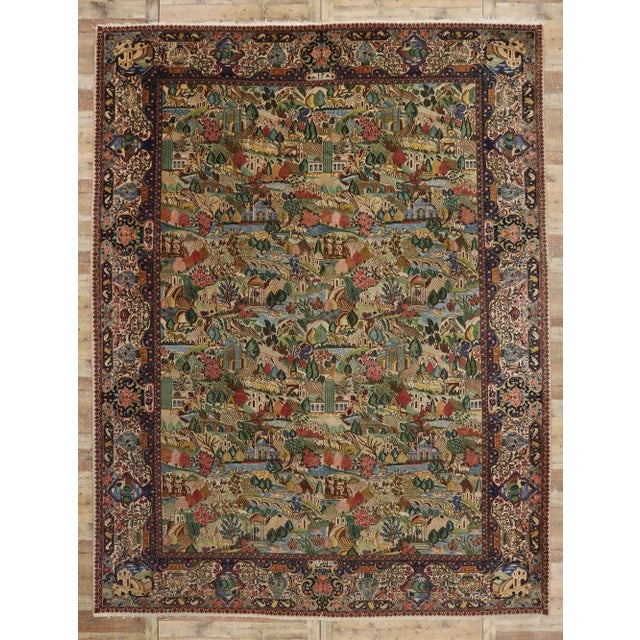 Tan Antique Persian Tabriz Village Pictorial Rug - 11'02 X 14'07 For Sale - Image 8 of 9