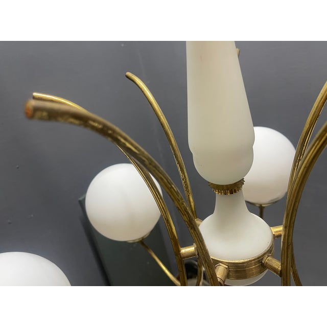 White Opaline Glass and Brass Chandelier, 1960s For Sale - Image 4 of 12