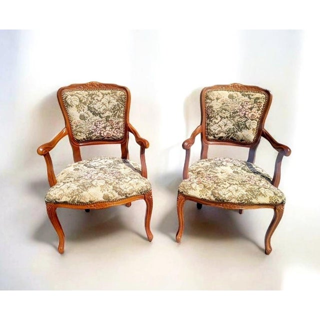 Louis XV French Provincial Carved Walnut Armchairs with Floral Upholstery, 1870s, Set of 2 For Sale - Image 9 of 9