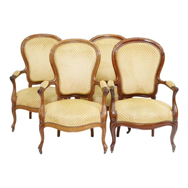 Antique French Louis Phillipe Period Walnut Fauteuils, Arm Chairs - Set of 4!! For Sale