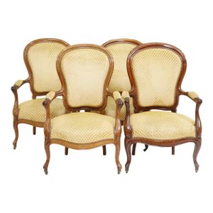 Antique French Louis Phillipe Period Walnut Fauteuils, Arm Chairs - Set of 4!!