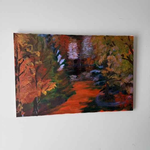 Vintage original autumn landscape oil painting on stretched canvas. The colors on this piece are quite striking! A...