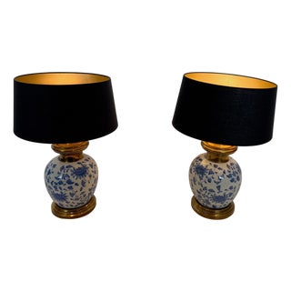 Late 20th Century Chinoiserie Porcelain and Brass Table Lamps a Pair For Sale