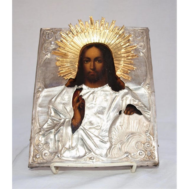 Figurative Antique Hand Painted Icon Sterling Silver Encased Frame For Sale - Image 3 of 8