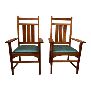 Stickley Furniture Pair of Art & Craft Misson Style Cherry Leather Armchairs