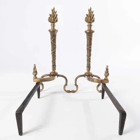 A pair of French Empire Style Brass Andirons with Flame Banded Top circa 1900's.