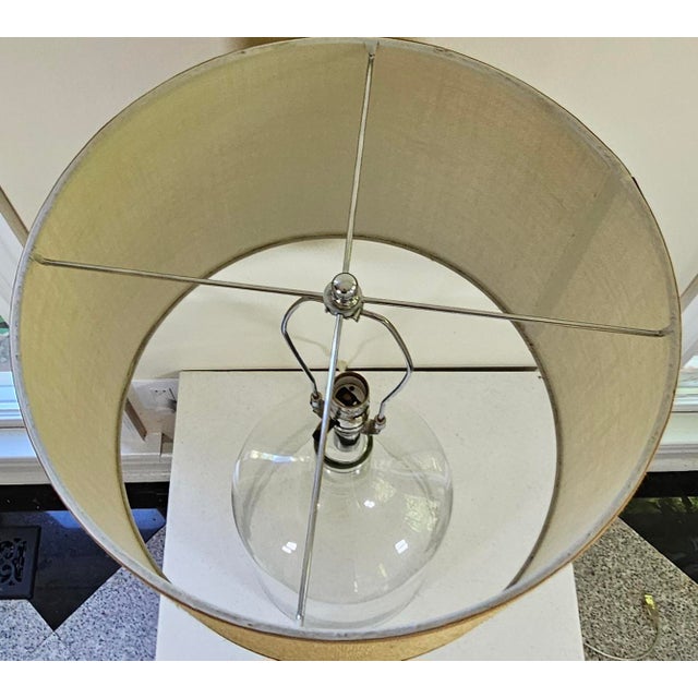 Pair of Large Clear Glass Barrel 3-Way Lamps With Woven Fabric Shades For Sale - Image 10 of 12