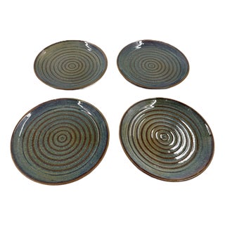 Vietnamese Dual-Glaze Stoneware Ceramic Dessert Plates With Spiral Motif - Set of 4 For Sale