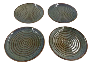 Vietnamese Dual-Glaze Stoneware Ceramic Dessert Plates With Spiral Motif - Set of 4