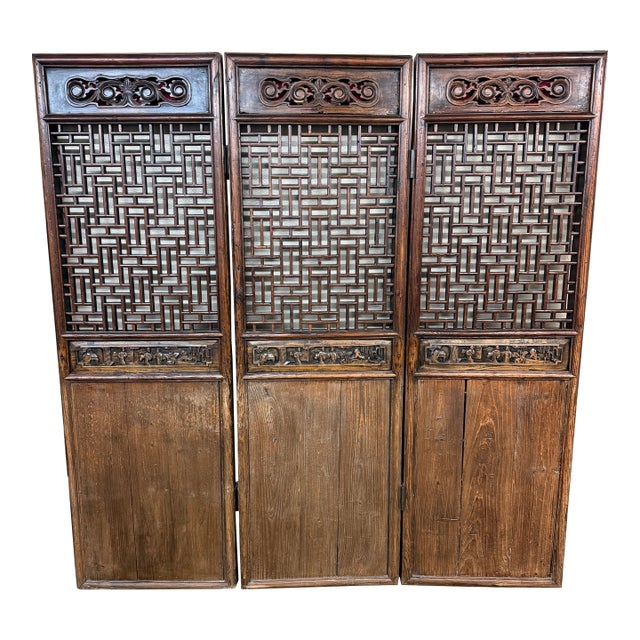 Chinese Carved Wood Folding Screen, Antique For Sale