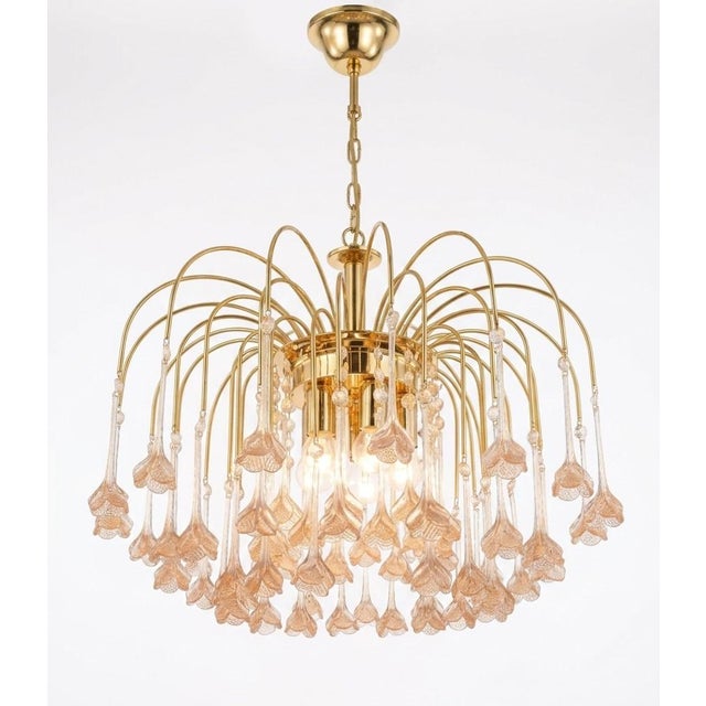 Vintage Gold Rain Chandelier with Handmade Murano Glass Pink Flowers, Italy, 1960 For Sale - Image 10 of 16