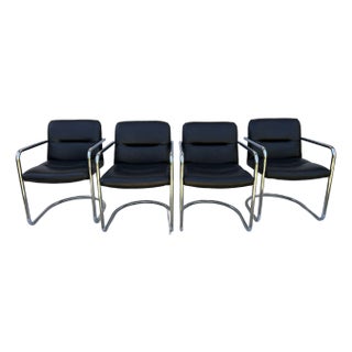 Set of 4 Vintage Modern Cantilever Chrome Armchairs in Black Leather, 1970s. Vegan Leather For Sale