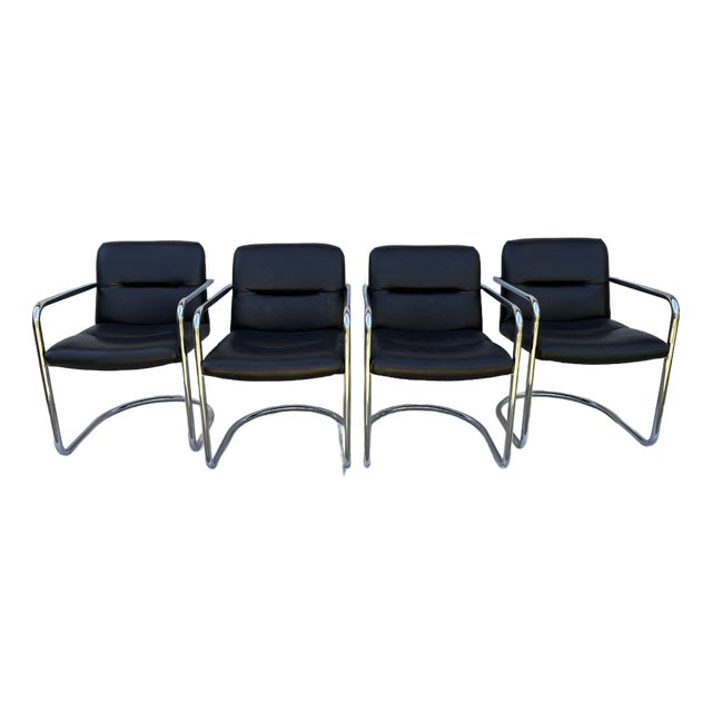 Set of 4 Vintage Modern Cantilever Chrome Armchairs in Black Leather, 1970s. Vegan Leather For Sale
