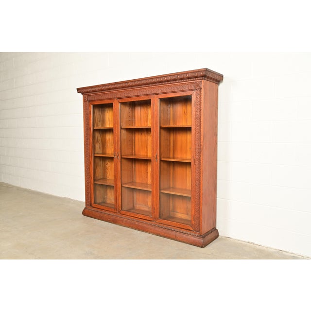 Victorian R. J. Horner Style Antique Victorian Carved Oak Triple Bookcase Cabinet, Circa 1880s For Sale - Image 3 of 13