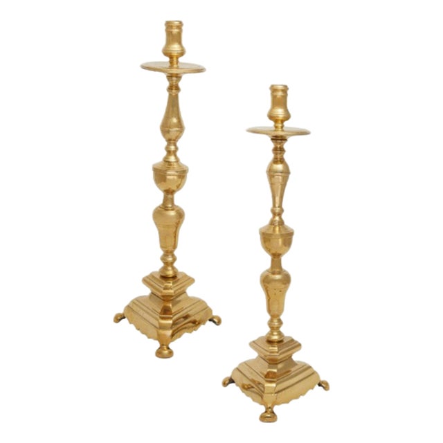Pair Tall Continental Baroque Brass Candlesticks For Sale