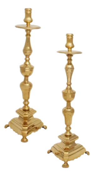 Pair Tall Continental Baroque Brass Candlesticks