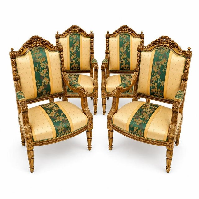 Large Louis XVI Gilded Fauteuils, Set of 4 For Sale - Image 3 of 9