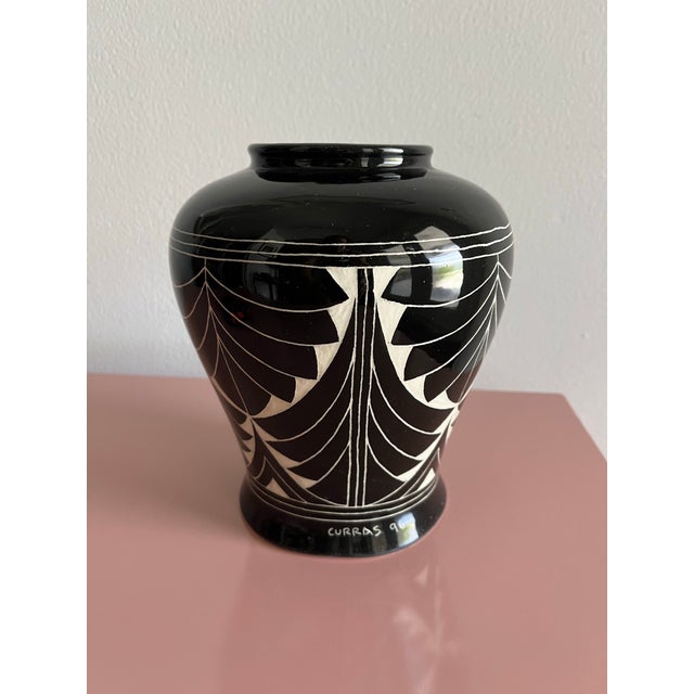 1990s Curras Brothers Vase Signed 1996 Black & White Hand-Carved Art Pottery For Sale - Image 5 of 9