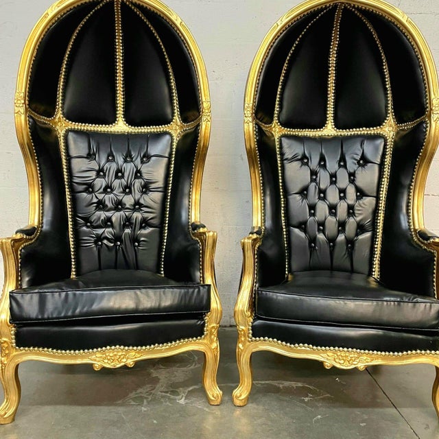 Textile Balloon Chair French Style Black Leather High-Back Canopy Lacquer Chair Set of 2 For Sale - Image 7 of 9