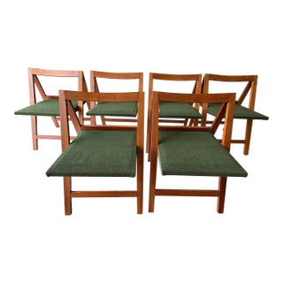Set of 6 Mid Century Modern Teak Folding Dining Chairs With Green Upholstery For Sale
