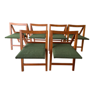 Set of 6 Mid Century Modern Teak Folding Dining Chairs With Green Upholstery